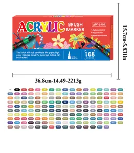 Detaillierte Übersicht der 168 Farben von Acryl-Pinselmarkern inklusive Größenangaben