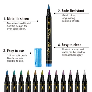 Rotulador de tatuaje metálico profesional con punta de pincel suave para arte corporal y pintura.