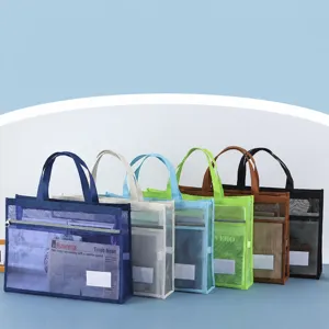 Transparent Mesh Document Bag Large Capacity Oxford Cloth Zipper File Handbag Portable Multi-Functional Storage Bag