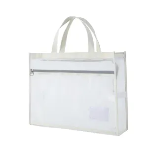Transparent mesh tote bag with zipper pocket, large capacity storage handbag for daily use.