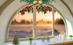 Autocollants de Noël pour fenêtres avec guirlande de sapin et ornements rouges sur verre