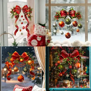 Christmas Bow Red Ball Static Cling Window Sticker PVC Waterproof Holiday Home Shop Glass Door Wall Decoration Decal