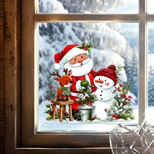Detailed view of Christmas Santa Claus and snowman static window cling sticker