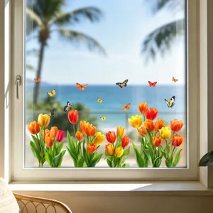Vibrant tulip flower and butterfly static window clings for decorative glass door display