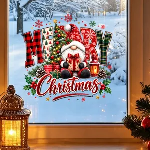 Merry Christmas gnome window static cling sticker on glass with snowy background
