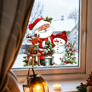 Detail showing festive Santa and snowman static window stickers on a glass surface.