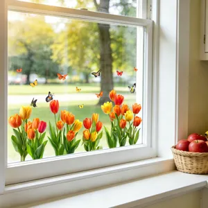 Vibrant tulip and butterfly static window stickers for home glass decoration.