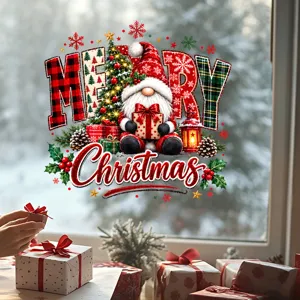 Detail view of festive gnome Christmas window sticker on a glass surface background
