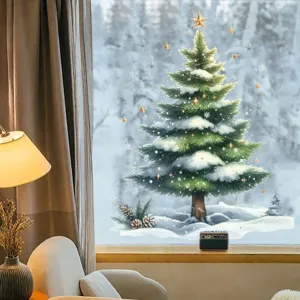 Detail view of festive Christmas tree static window cling with snowflakes and golden stars