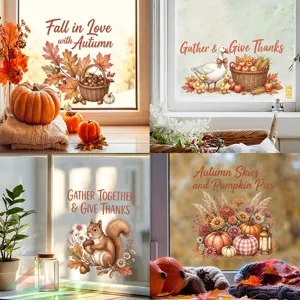 Adesivi Finestra Ringraziamento Autunnali Doppio Lato Foglia Acero Scoiattolo Zucca Stampa UV Casa Decorazione