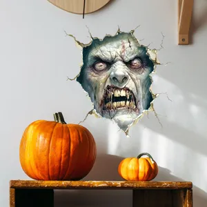 Detailed 3D effect of a horror zombie wall decal breaking through a white wall