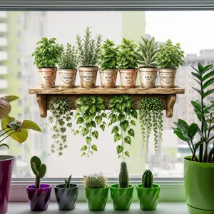 Close-up detail showing realistic herb pot and hanging plant stickers applied to glass