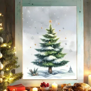 Detail of Christmas tree static cling window decal with snowflakes and stars decoration