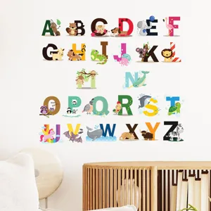 Close-up detail of colorful 26 animal alphabet wall stickers for kids nursery room decor.