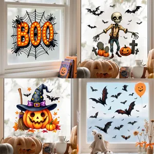 Halloween Double Sided UV Printed Window Stickers Skeleton Pumpkin Bat Removable PVC Glass Wall Decals Shop Home Party Decor