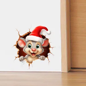 Adesivo murale 3D topo di Natale attraverso la crepa per decorazioni natalizie