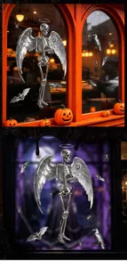 3D silver winged skeleton angel Halloween static window stickers for festive decor