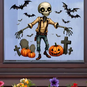 Detail view of a creative Halloween window sticker featuring a skeleton and pumpkins
