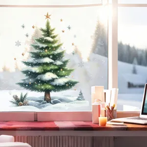 Detailed view of watercolor Christmas tree and snowflake static stickers on a window