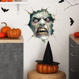 Macro view of a 3D horror zombie face wall sticker with realistic cracked wall effect