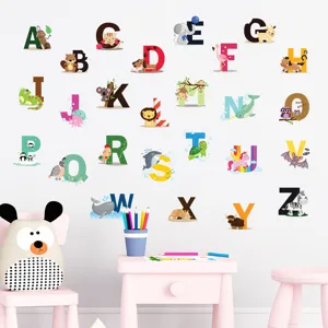 English Alphabet Cartoon Animal Wall Stickers Waterproof PVC Self Adhesive Wall Decals For Kids Bedroom Classroom Nursery Educational Home Decor