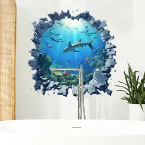 Realistisches 3D-Wandtattoo Unterwasserwelt mit Haifisch über Waschbecken im Bad
