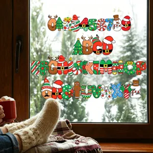 Vue détaillée des lettres et chiffres de Noël statiques pour fenêtres sur verre.