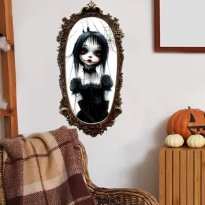 Gothische horror meisje muursticker in vintage spiegel voor Halloween decoratie.