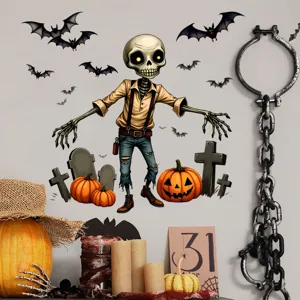 Halloween wall decals featuring a cartoon skeleton, pumpkins, and bats set in a room