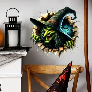 Realistic 3D Halloween witch wall sticker applied on a white wall near a fireplace.