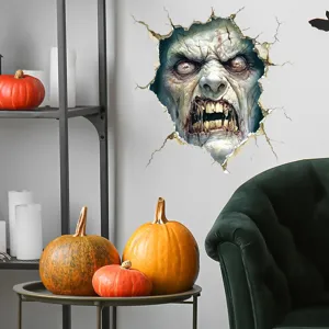 Detailed view of horror zombie wall sticker with realistic 3D cracked wall effect