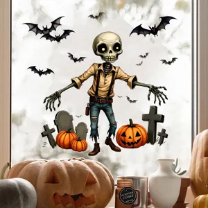 Halloween window decals featuring a cartoon skeleton and bats on a glass surface