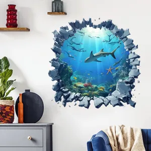 3D-Wandaufkleber Unterwasserwelt mit Haien und Meereslebewesen in gebrochener Optik
