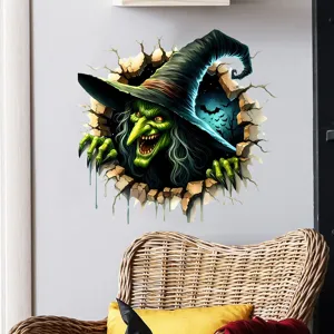 Detail view of a 3D scary green witch wall sticker breaking through a grey wall.