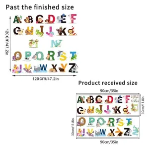 Alphabet animal wall sticker dimension diagram showing finished 120cm and received 90x30cm size