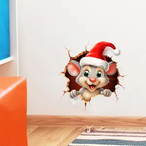 Adesivo murale 3D natalizio con topo animato e cappello di Babbo Natale decorativo