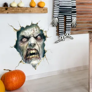 Realistic horror zombie breaking through wall 3D effect sticker for Halloween decor.
