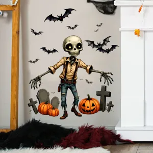 Detailed view of Halloween skeleton and pumpkin wall decals applied on a room wall