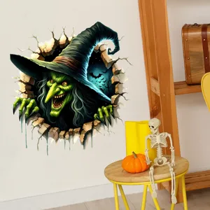 3D Halloween witch wall sticker applied on a white wall for home decor