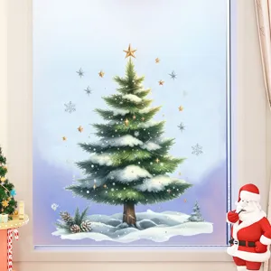 Festive Christmas tree and snowflake static window sticker decoration applied on a glass pane