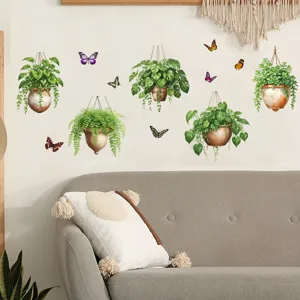 Adesivi murali impermeabili con piante verdi e farfalle per decorazione del soggiorno