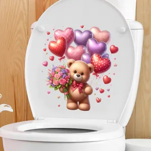 Detailopname van een Valentijnsdag toiletsticker met een schattige beer en hartjes
