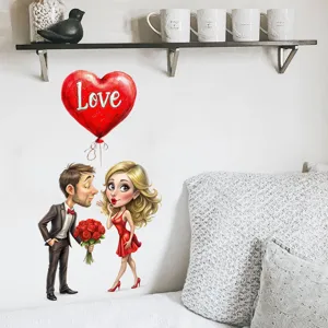 Close-up view of a romantic couple and heart balloon wall sticker in a cozy home setting