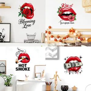 Waterproof PVC Wall Sticker Red Lip Rose Flower Patterns Self Adhesive Removable Wall Decal For Living Room Bedroom Art Mural Decor