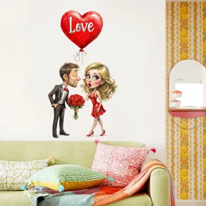 Romantic Valentine's Day wall sticker featuring cartoon couple and red heart balloon
