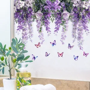 Detail view of purple wisteria and colorful butterfly wall stickers in a bathroom