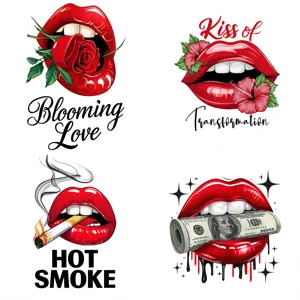 Set of artistic red lip wall stickers with rose, flowers, smoke, and money themes