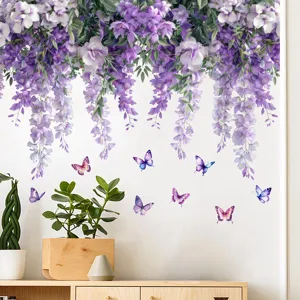 Purple wisteria flower and butterfly wall stickers applied on white living room wall
