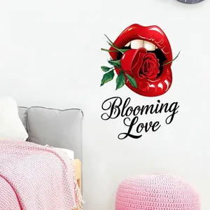 Romantic red lips with rose wall sticker and 'Blooming Love' script for home decor