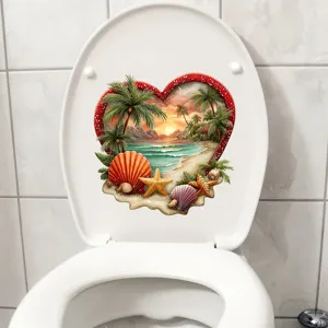 Waterproof heart-shaped beach scene decal applied to a clean white toilet lid for bathroom decor